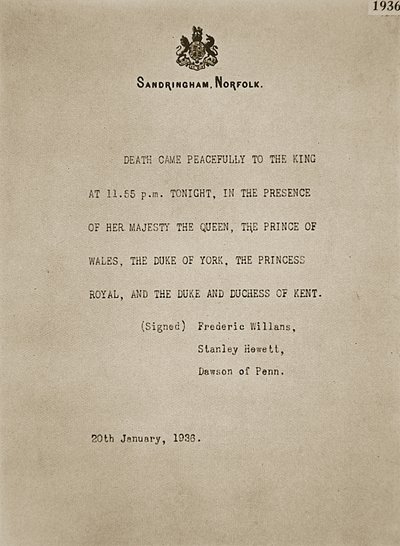 Bulletin Posted at Sandringham upon the Death of King George V, 20th January 1936 by Unknown